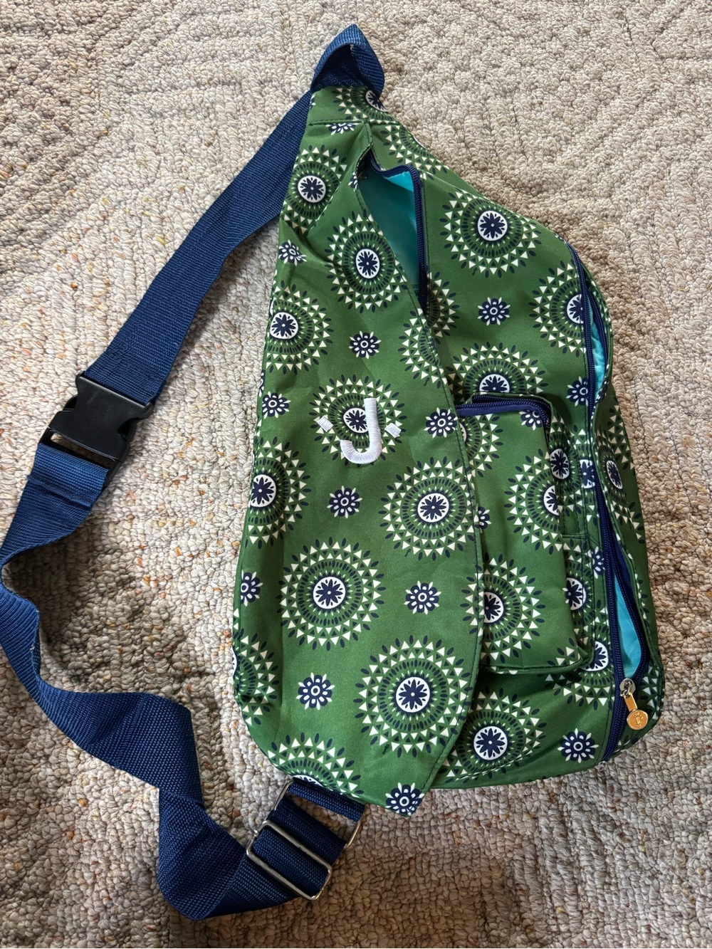 Initials Inc. “J” Green Patterned Crossbody Sling Bag with Navy Strap